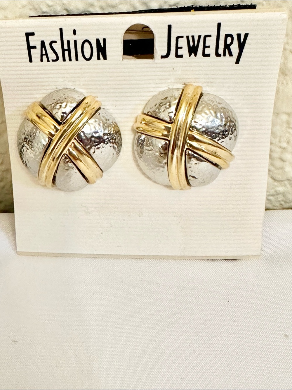 VTG Two-Tone Gold & Silver Cross-Accent Button Earrings (Moderate Weight)